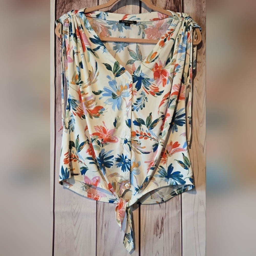 Robert Louis Tropical Floral Button-Up Blouse with Tie Front Size Medium